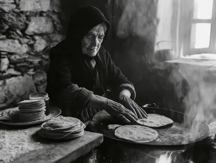 Γυναίκα ψήνει σφακιανές πίτες σε τηγάνι πάνω στη φωτιά